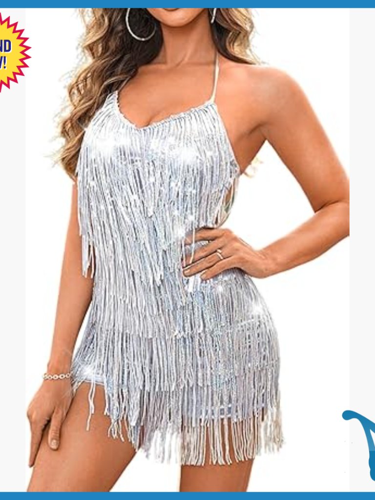 Sequin Fringe Romper, Halter Backless Jumpsuit, Disco Party Outfit